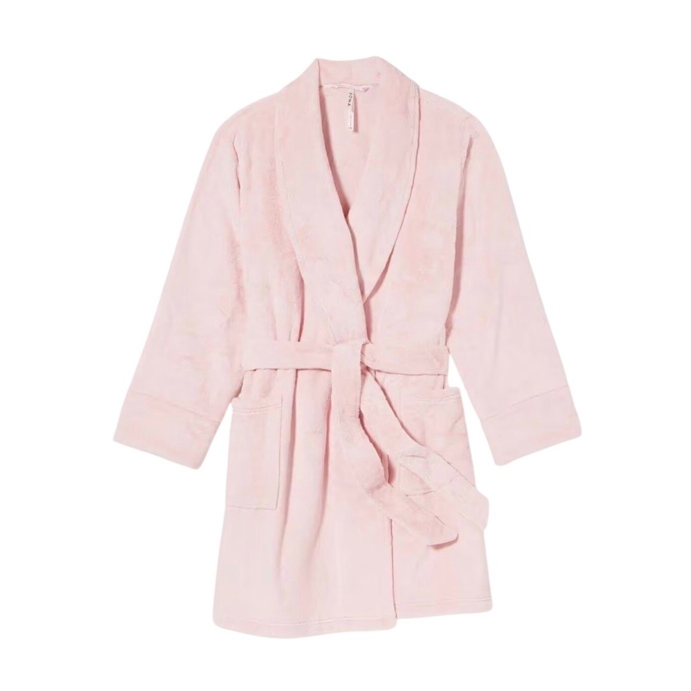 Soma Plush Short Robe Pretty Pink Belted Pockets L/XL NEW Fluffy Cozy